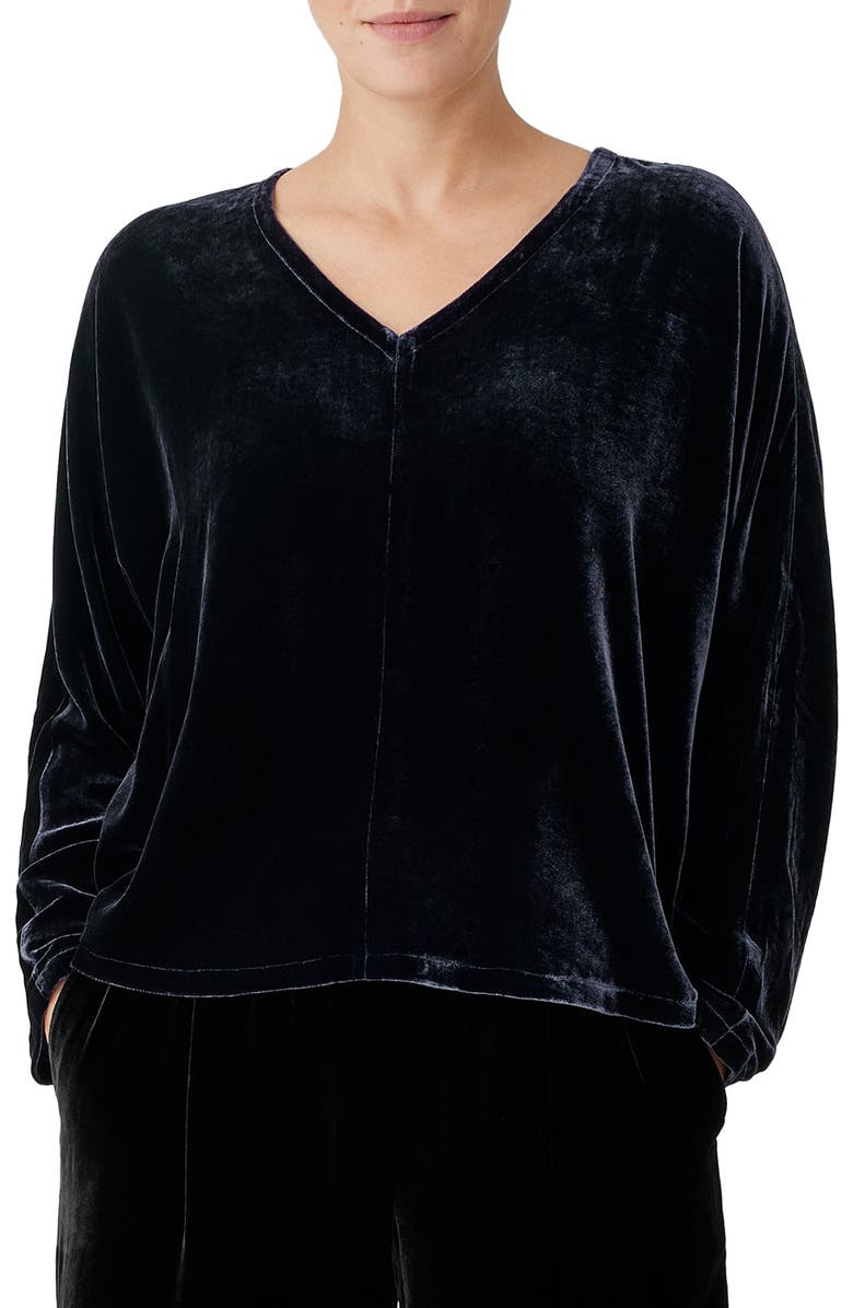 Eileen Fisher Long Sleeve V-Neck Velvet Top, Main, color,