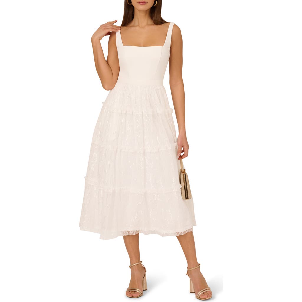 ADRIANNA PAPELL ADRIANNA PAPELL SLEEVELESS CREPE & LACE MIDI COCKTAIL DRESS