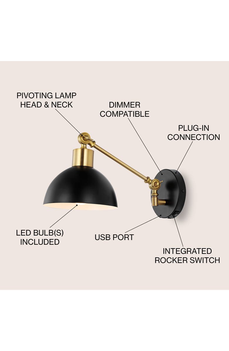 JONATHAN Y Lisa Swing Arm 1-Light Modern Midcentury Iron USB Charging Port LED Sconce, Alternate, color, Black