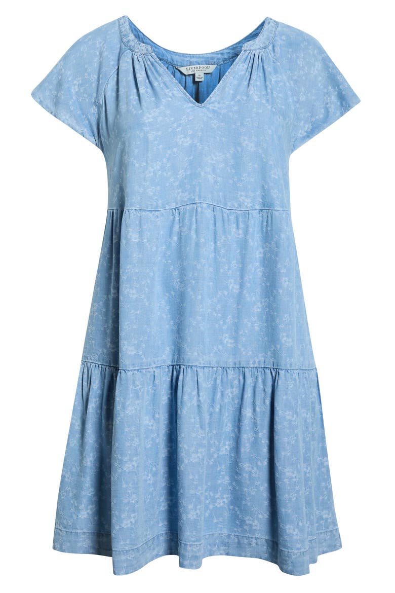 Tiered Floral Flutter Sleeve Denim Dress, Alternate, color, INDIGO ROSES