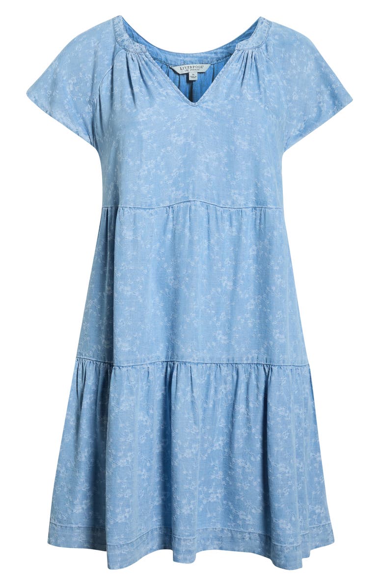Liverpool Los Angeles Tiered Floral Flutter Sleeve Denim Dress, Alternate, color, Indigo Roses