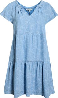 Liverpool Los Angeles Tiered Floral Flutter Sleeve Denim Dress