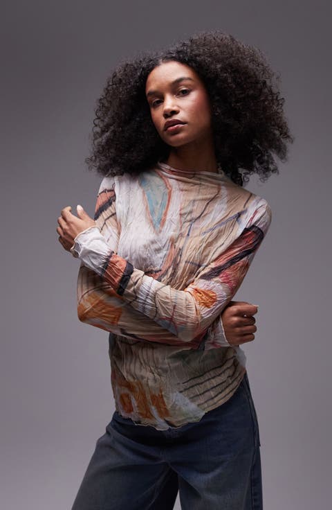 Abstract Print Funnel Neck Crinkle Top