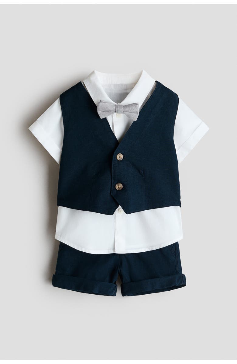 H&M 4-piece Linen-blend Dressy Set, Main, color, Navy Blue/White