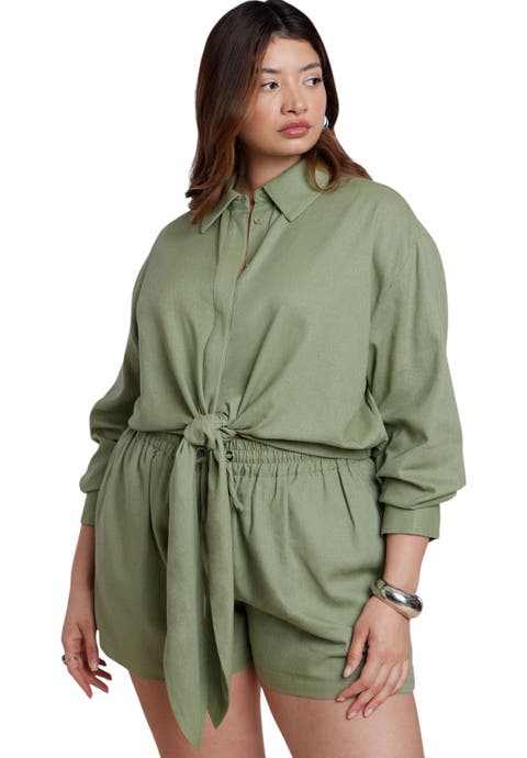 Waist Tie Linen Button Up Shirt (plus)