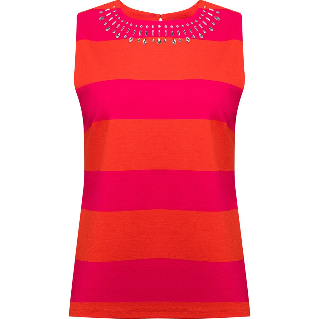 Isaac Mizrahi New York Embellished Ponte Shell In Magenta/orange Cabana Stripe