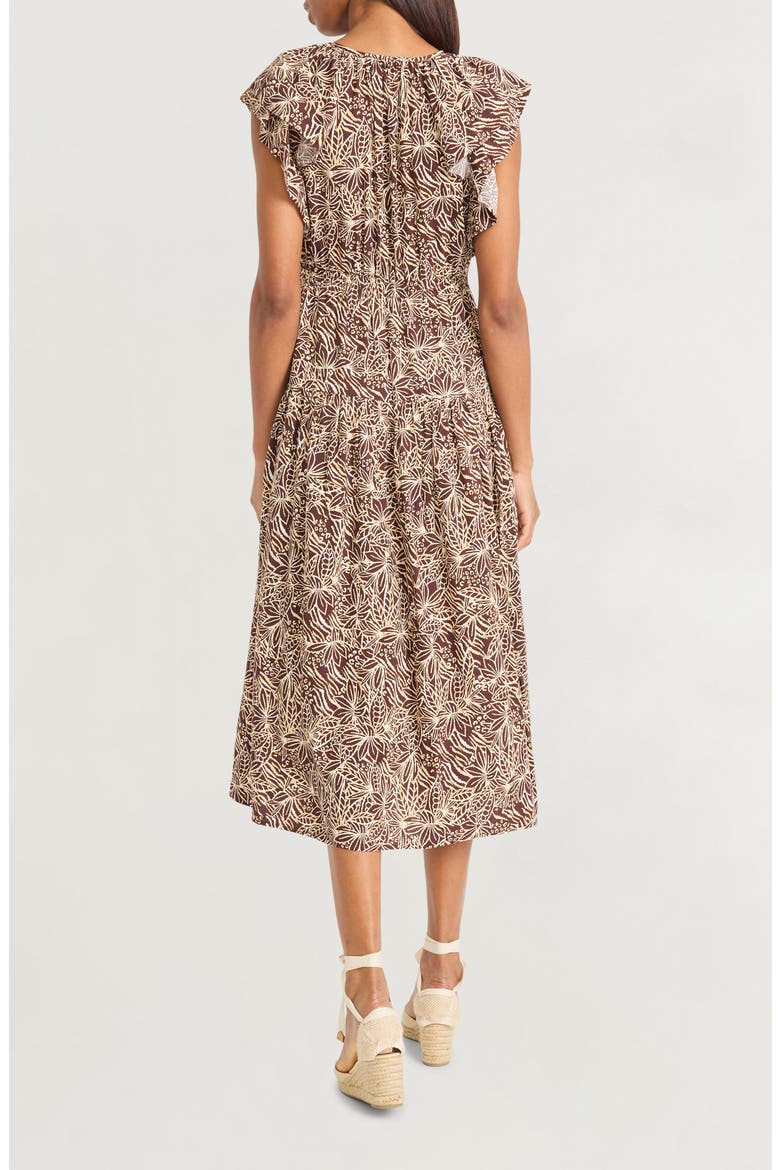 Ruffle Cap Sleeve Midi Dress, Alternate, color, BROWN/ IVORY
