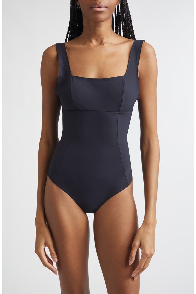 Square Neck One-Piece Swimsuit, Main, color, BLACK