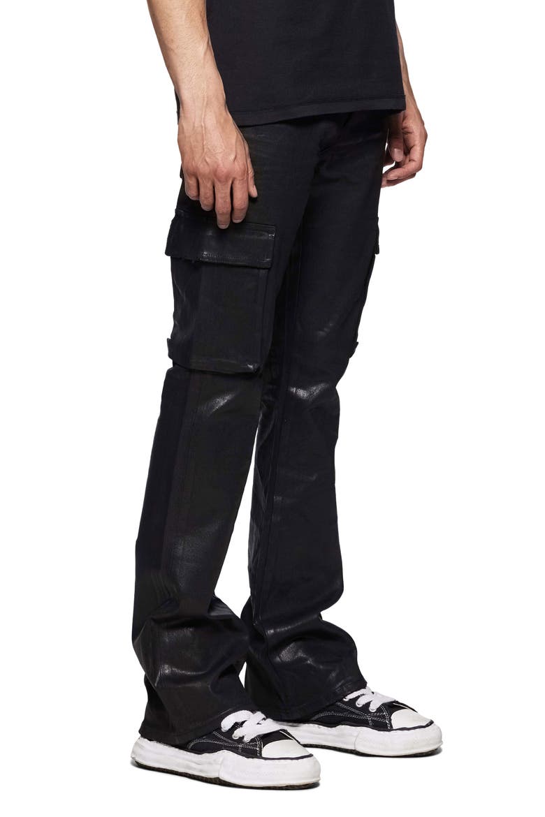 Coated Cargo Flare Jeans, Alternate, color, BLACK