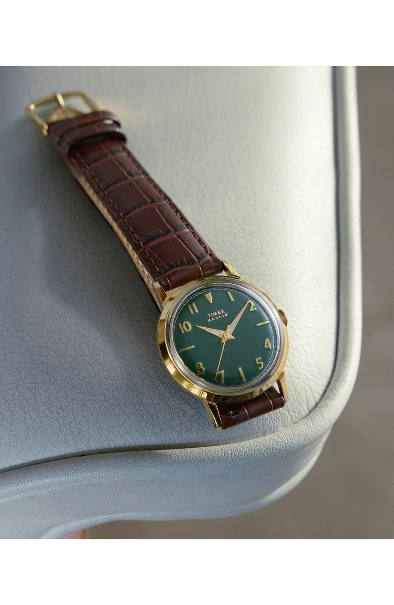 Timex<sup>®</sup> Marlin<sup>®</sup> Goldtone Croc Embossed Leather Strap Watch, 34mm, Alternate, color, 