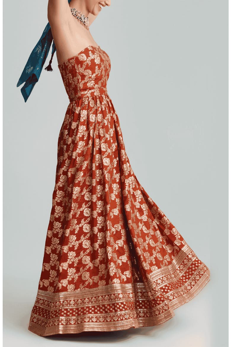 Amber Metallic Embroidery Strapless Gown, Alternate, color, RUST