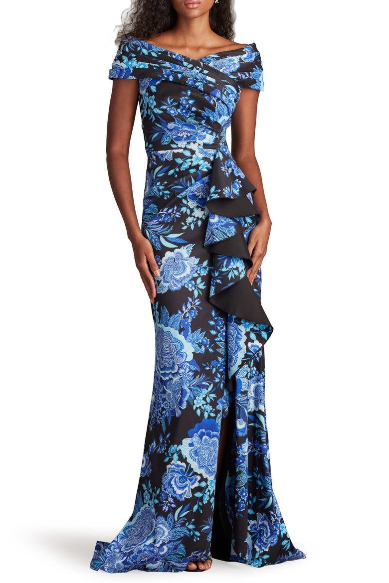 Floral Print Ruffle Off the Shoulder Gown, Main, color, BLACK/ BLUE FLORAL