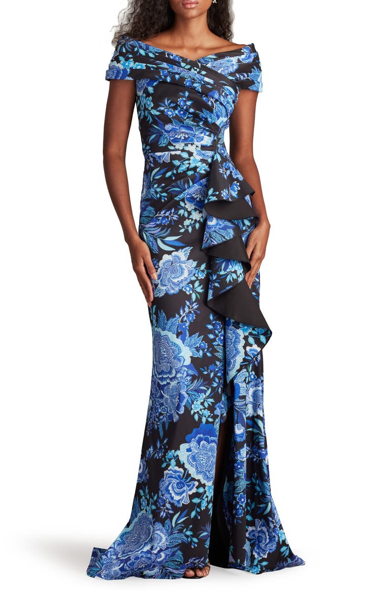 Tadashi Shoji Floral Print Ruffle Off the Shoulder Gown, Main, color, Black/ Blue Floral