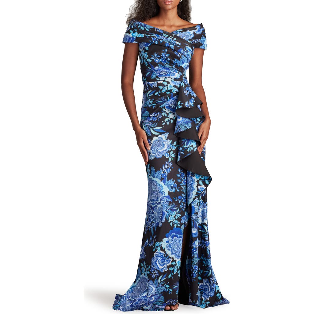 Tadashi Shoji Floral Print Ruffle Off The Shoulder Gown In Black/blue Floral