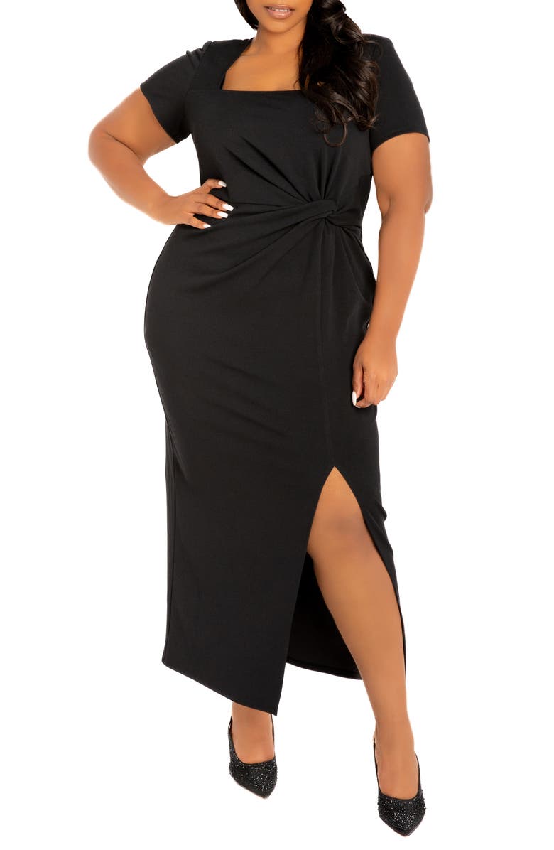 BUXOM COUTURE Gathered Waist Midi Dress, Main, color, Black