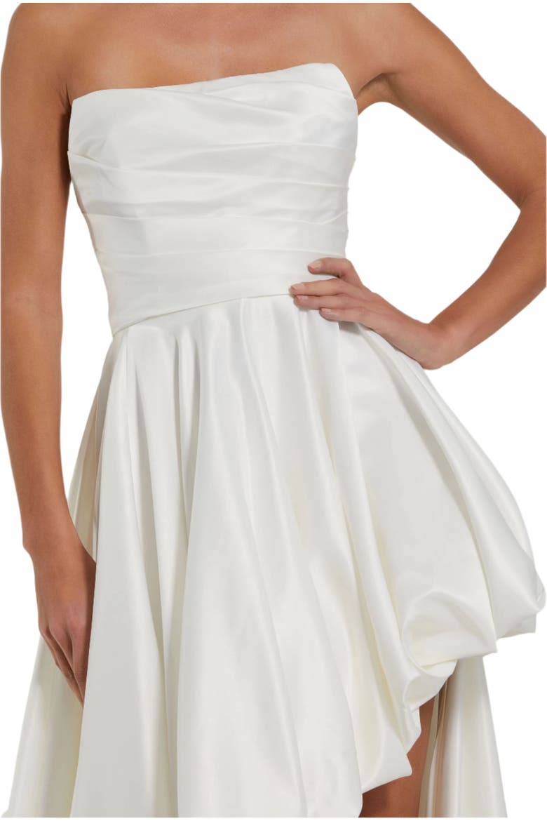 Petite Strapless High-Low Satin Gown with Draped Skirt, Alternate, color, White