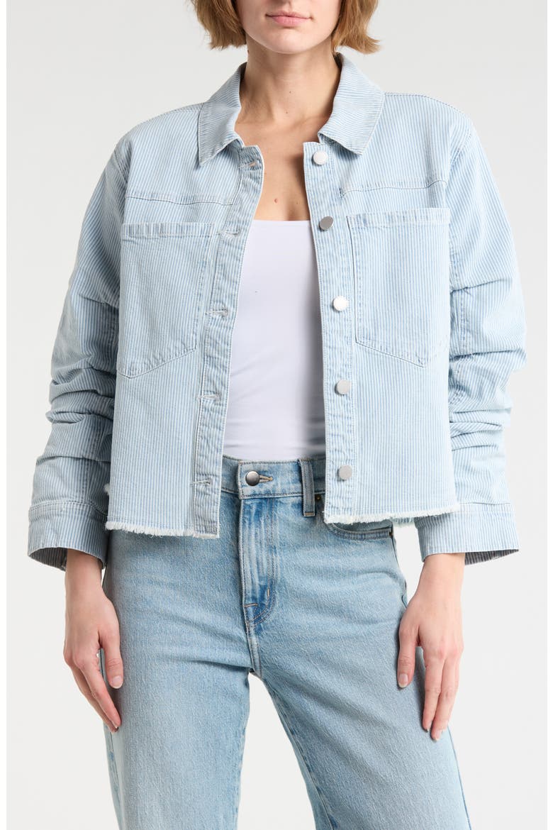 Stripe Ruched Sleeve Denim Jacket, Main, color, POWDER BLUE