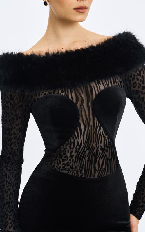 Miss Circle Alexis Faux Fur Boatneck Maxi Dress In Black