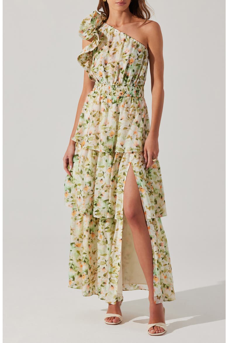 Imelda Floral One-Shoulder Dress, Main, color, GREEN FLORAL
