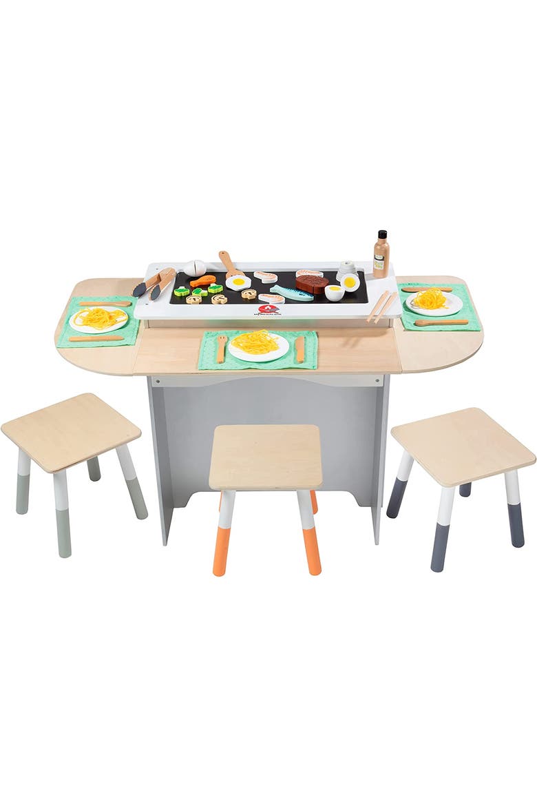 Hibachi Grill Wooden Kids Playset w/ Stools, Table Settings and Over 25 Toy Food Pieces, Alternate, color, None