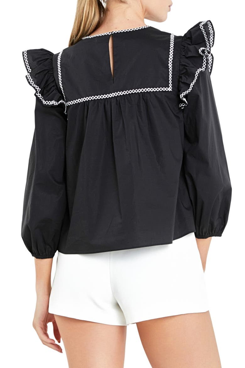 Embroidered Ruffle Balloon Sleeve Cotton Top, Alternate, color, BLACK/ WHITE