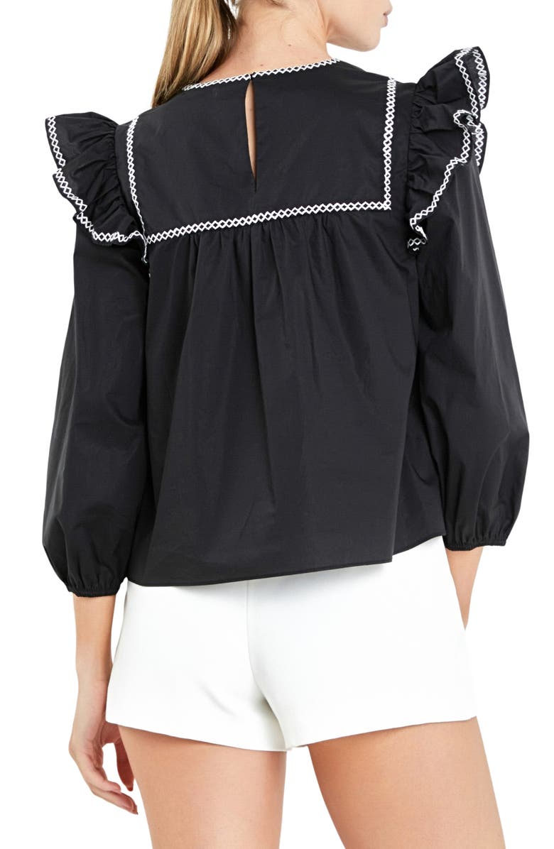 English Factory Embroidered Ruffle Balloon Sleeve Cotton Top, Alternate, color, Black/ White