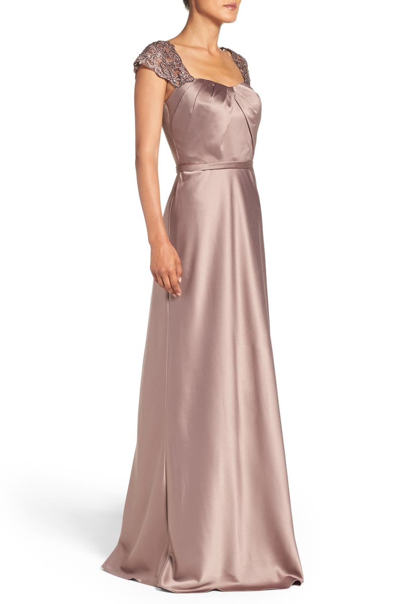 La Femme Embellished Lace & Satin Gown, Alternate, color,