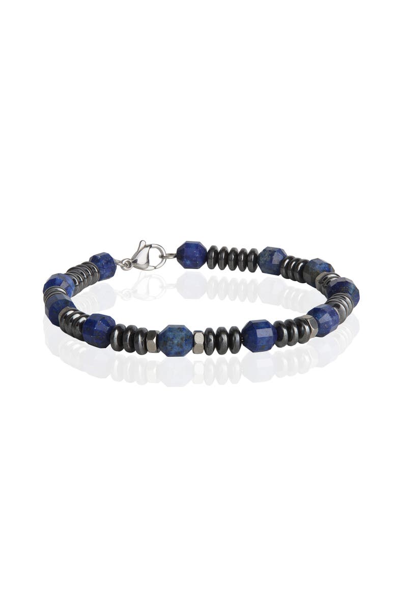 Blue and Black Beaded Bracelets for Men, Lapis and Hematite - 8.5'', Main, color, Blue