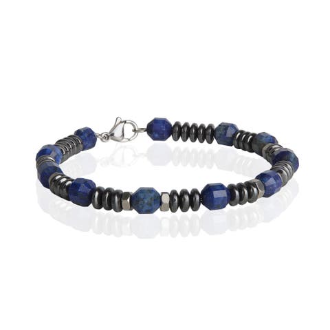 Blue and Black Beaded Bracelets for Men, Lapis and Hematite - 8.5''