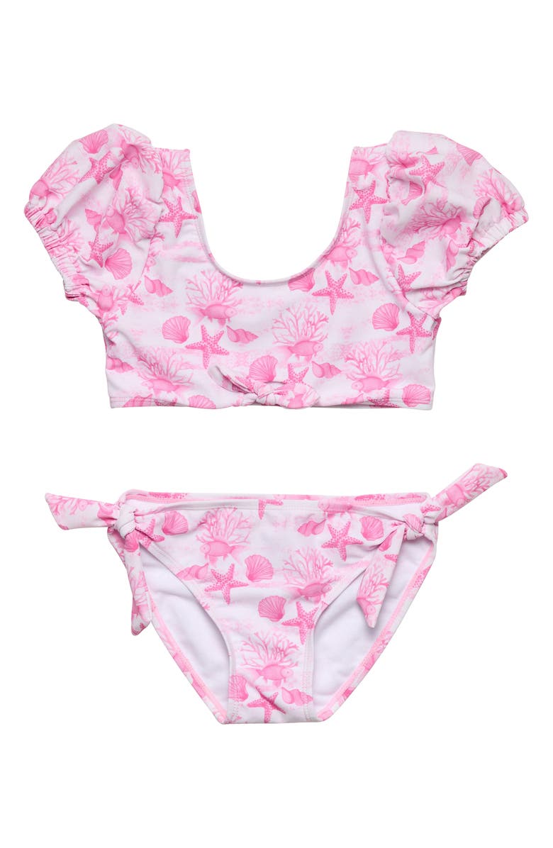 Snapper Rock Kids' Pink Lagoon Puff Sleeve Knot Front Two-Piece Swimsuit, Main, color, 