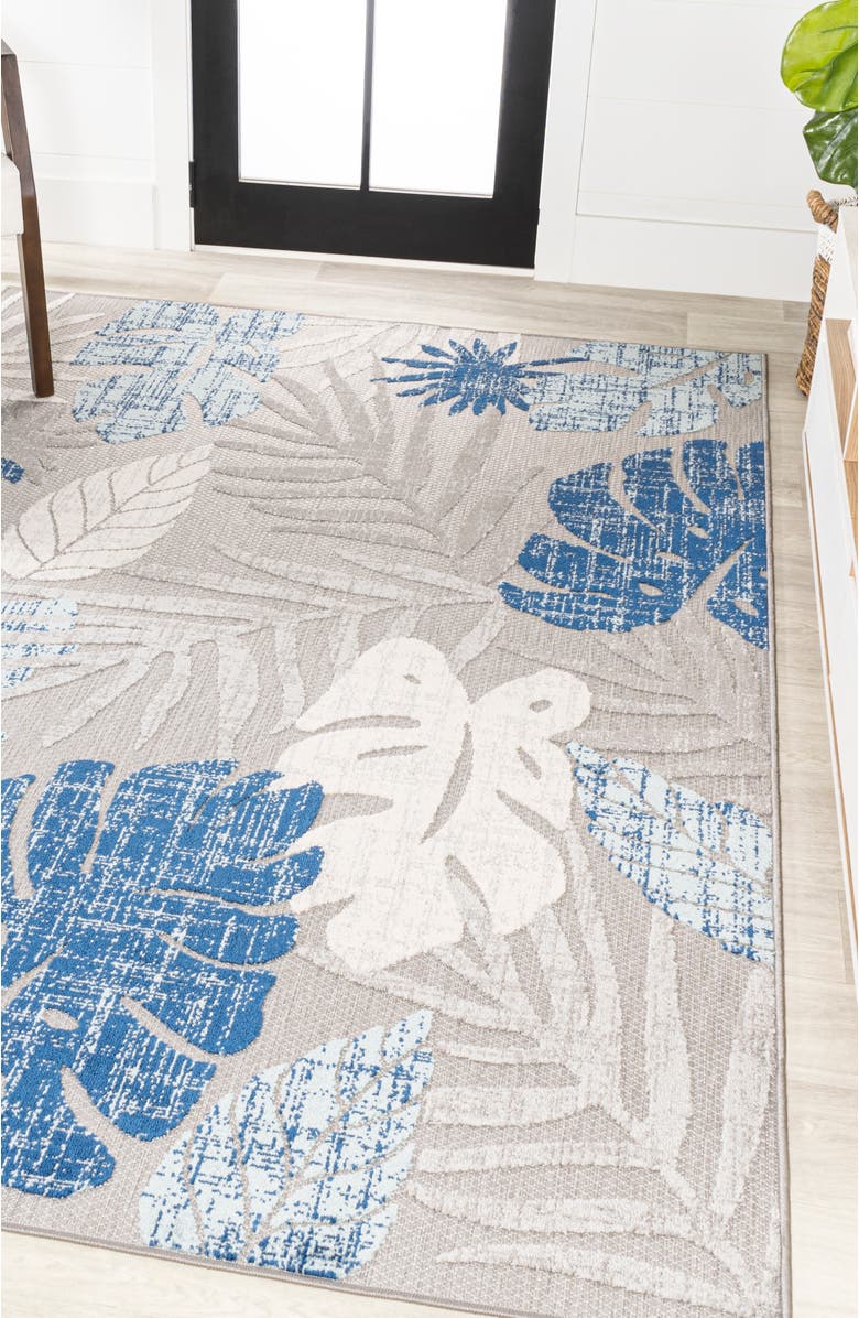 JONATHAN Y Monstera Tropical Leaf High-Low Indoor/Outdoor Area Rug, Alternate, color, Light Gray/Navy