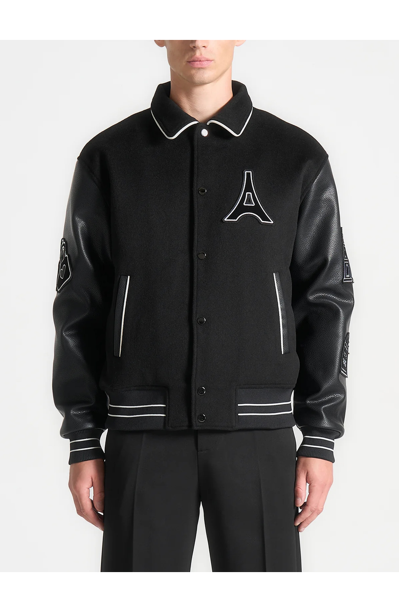 Manière De Voir Oscar Mona Lisa Wool Blend Varsity Jacket, Alternate, color, Black