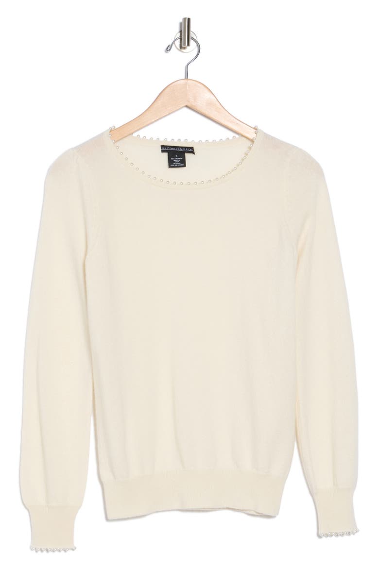 Imitation Pearl Cashmere Crewneck Sweater, Alternate, color, IVORY