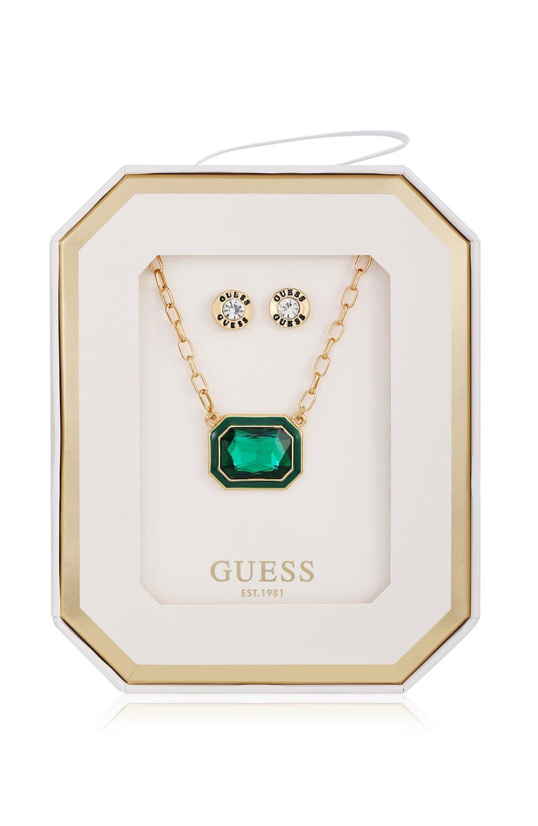 GUESS Pendant Necklace & Stud Earrings Set, Main, color, Gold/Green