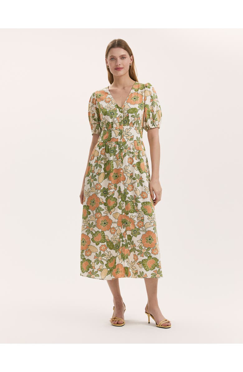 Finery London Addison Floral Linen Blend Midi Dress, Main, color, Olive Flower
