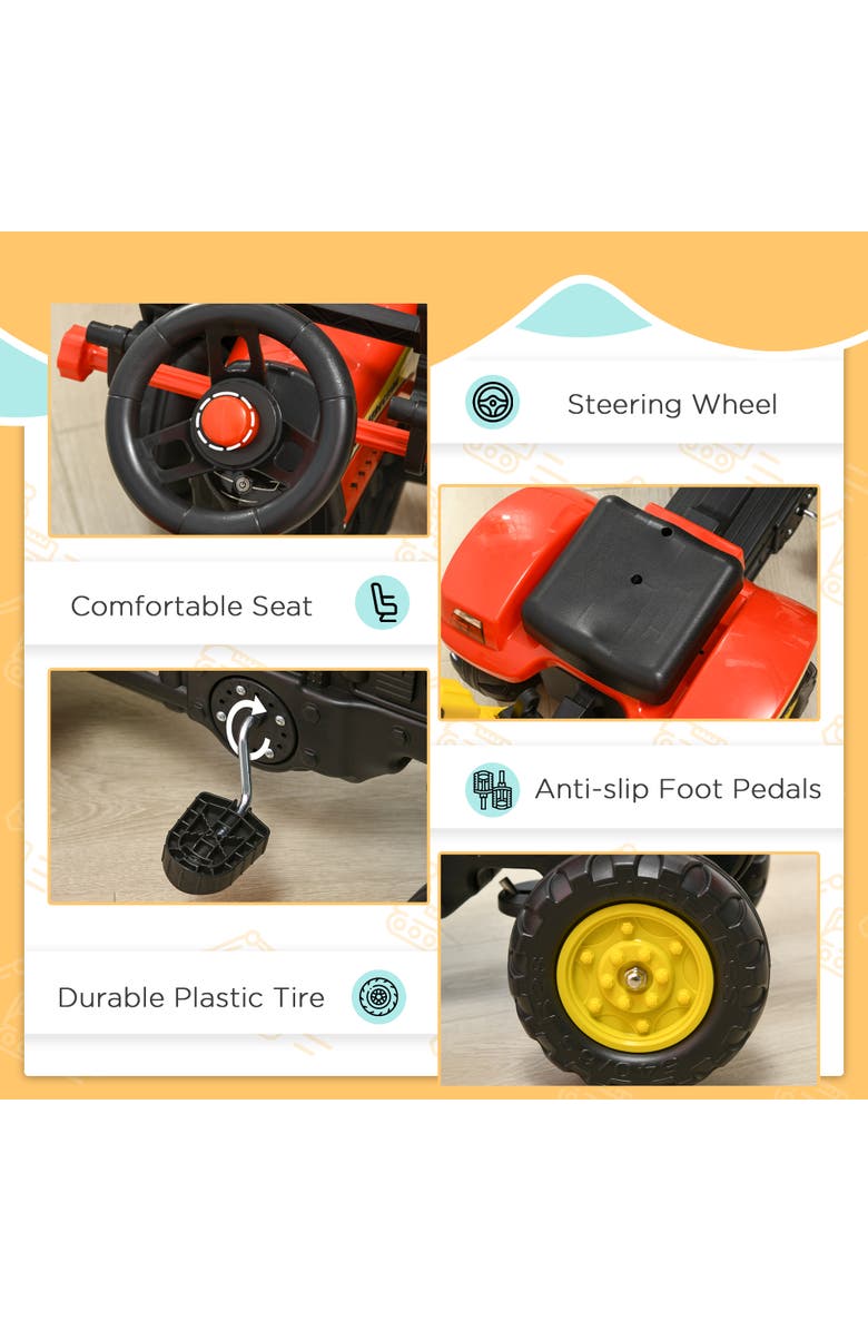 Aosom 3 in1 Kids Ride On Bulldozer with 6 Wheels, Controllable Cargo Trailer, Easy Pedal, Alternate, color, Red