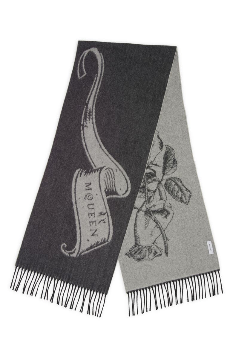 McQueen Tattoo Jacquard Wool & Cashmere Fringe Scarf, Main, color, Black