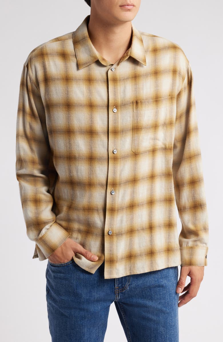 FRAME Lightweight Plaid Cotton & Wool Button-Up Shirt, Main, color, Tan Plaid