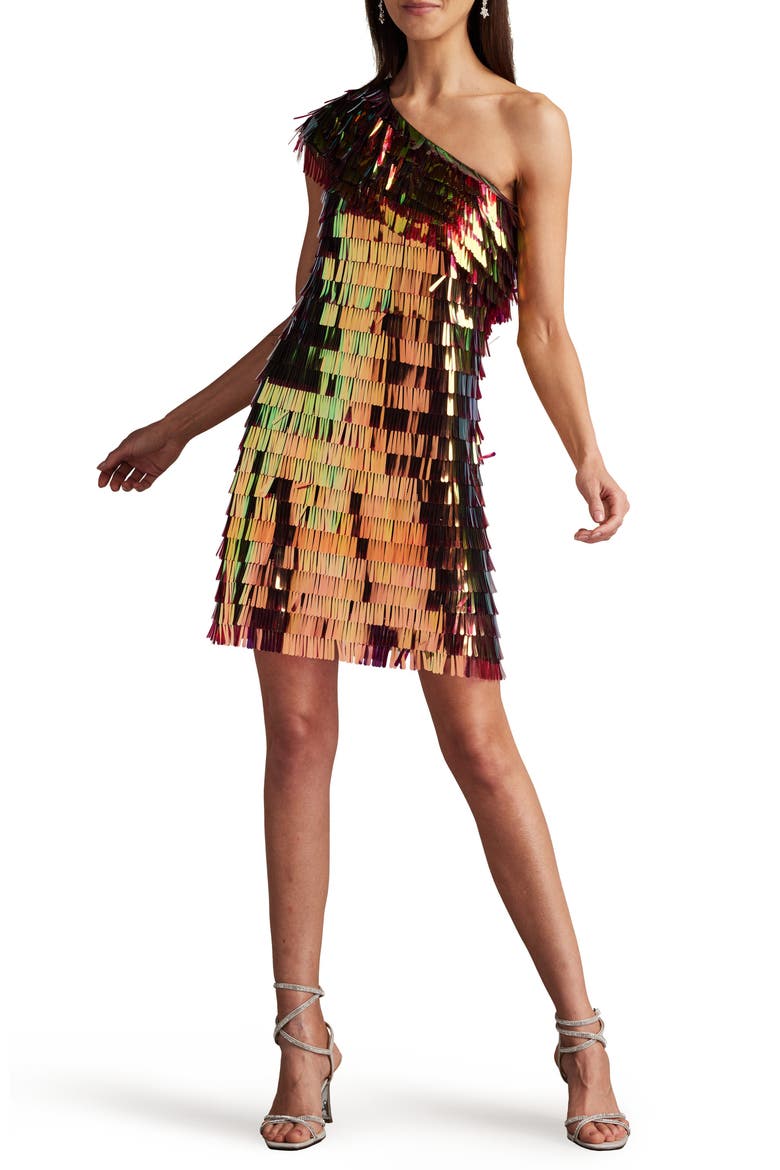 Sequin Fringe One-Shoulder Cocktail Minidress, Alternate, color, BRONZE SHIMMER