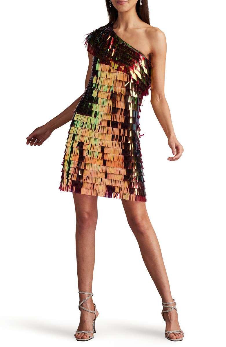 SHO by Tadashi Shoji Sequin Fringe One-Shoulder Cocktail Minidress, Alternate, color, Bronze Shimmer