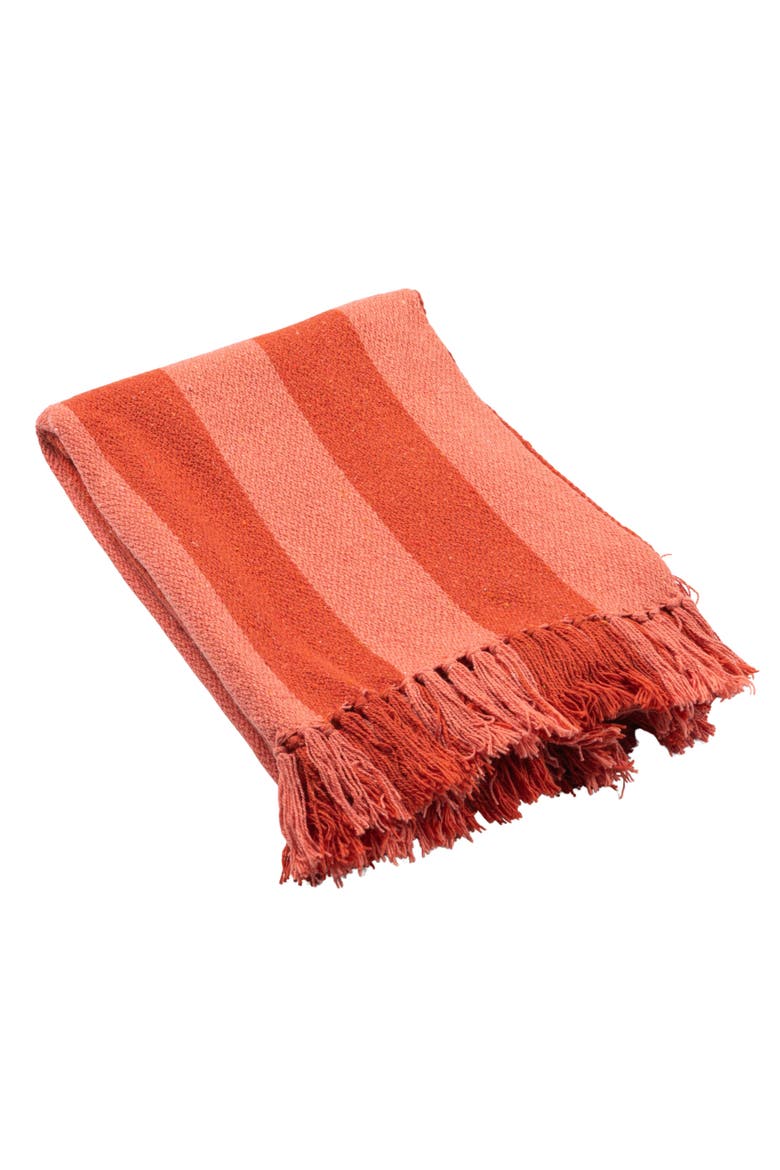 Woven Cotton Blend Throw with Stripes and Fringes, Red and Pink, Main, color, Orange