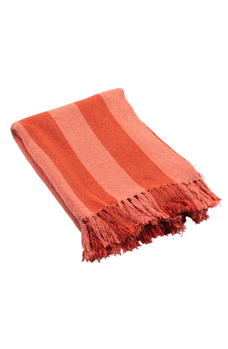 Storied Home Woven Cotton Blend Throw with Stripes and Fringes, Red and Pink, Main, color, Orange