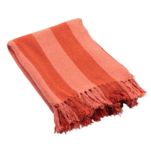 Storied Home Woven Cotton Blend Throw With Stripes And Fringes, Red And Pink In Orange