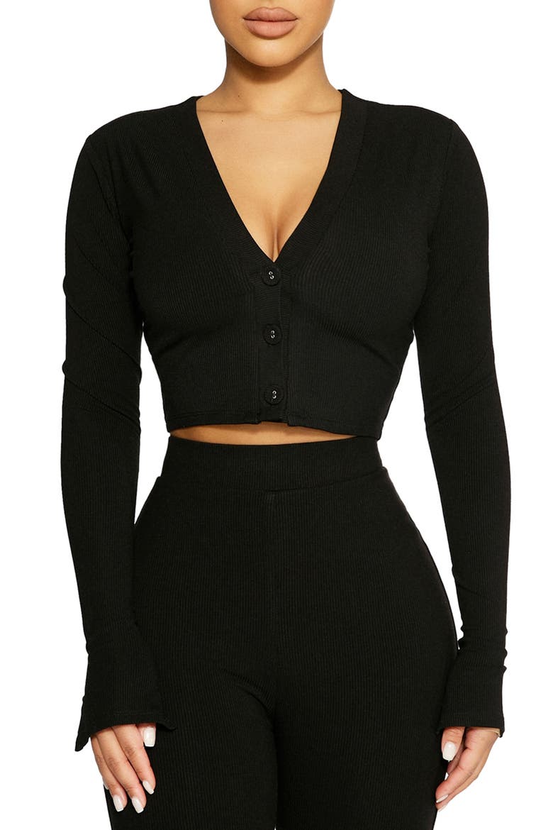 Rib Crop Cardigan, Main, color, BLACK