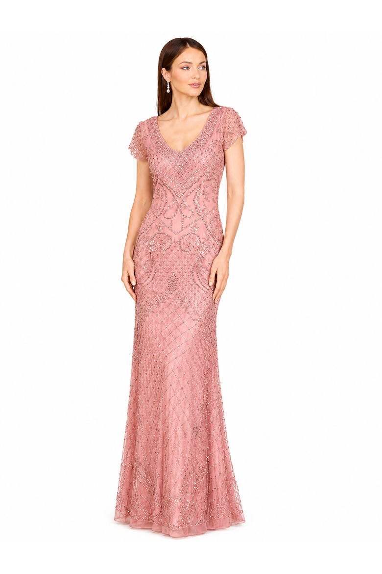 Beaded Cap Sleeve Gown With V-Neckline, Alternate, color, Rose