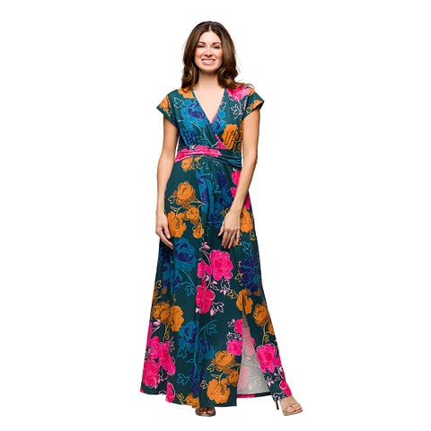 Maternity Floral Print Cap Sleeve V-Neck Side Slit Pocket Maxi Dress