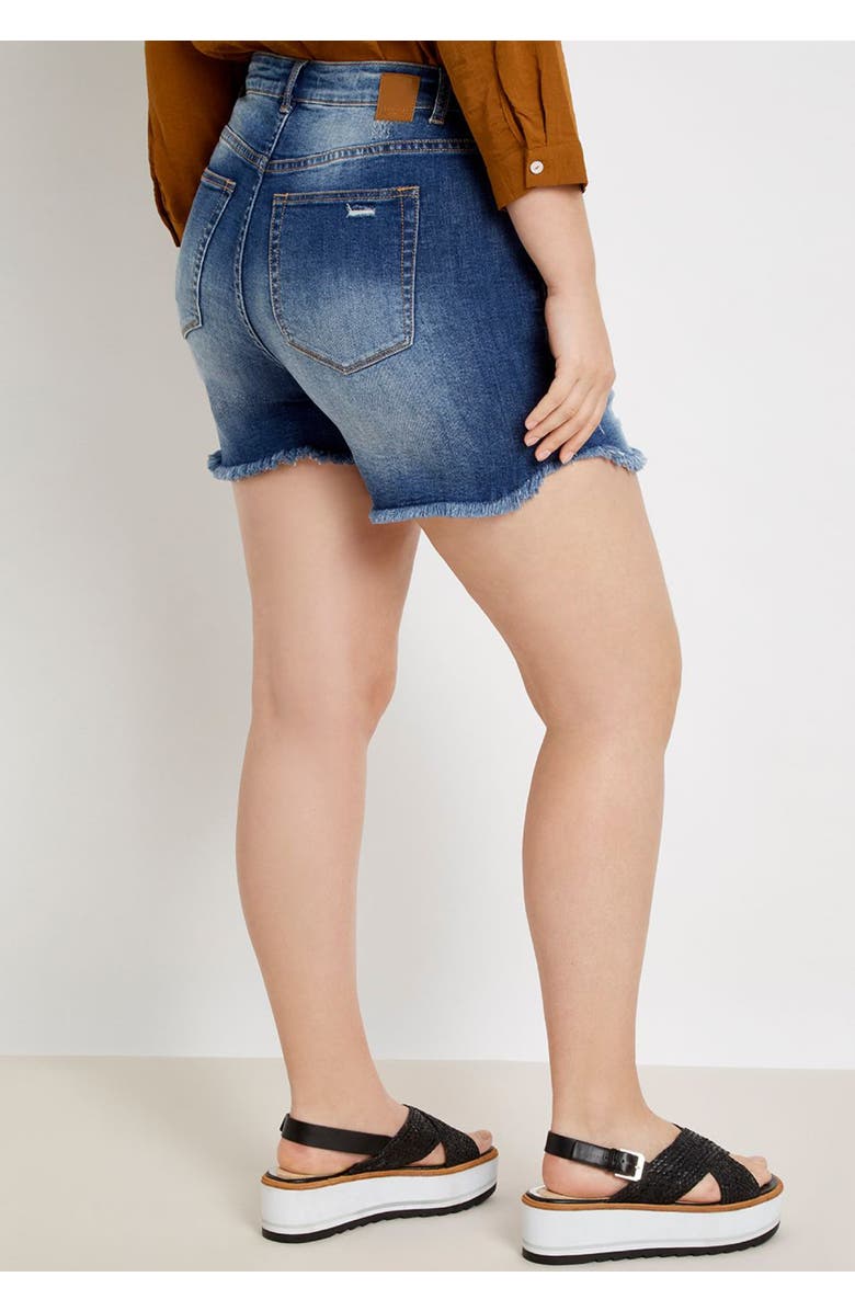 ELOQUII Distressed Denim Short, Alternate, color, Medium Wash