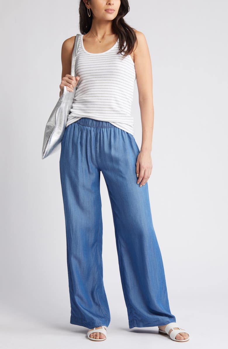 Caslon<sup>®</sup> Drawstring Wide Leg Chambray Pants, Main, color, Medium Wash