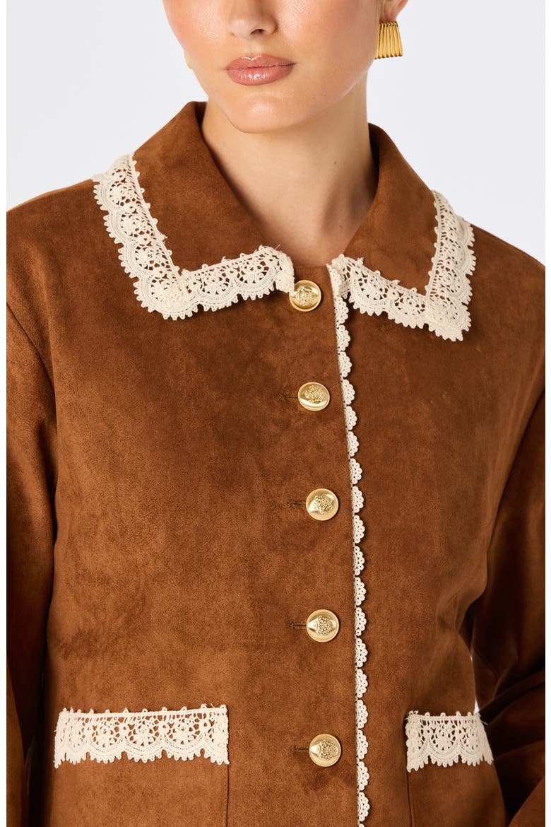 Gavriella Lace Trim Faux Suede Jacket, Alternate, color, CAMEL