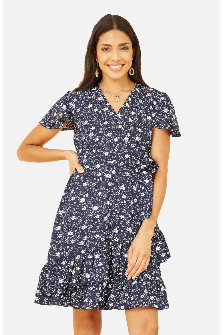 Ditsy Floral Wrap Frill Dress, Alternate, color, Navy